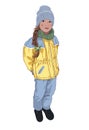 Girl is dressed in the colors of Ukrainian symbols, in a yellow-blue ski suit, in winter clothes